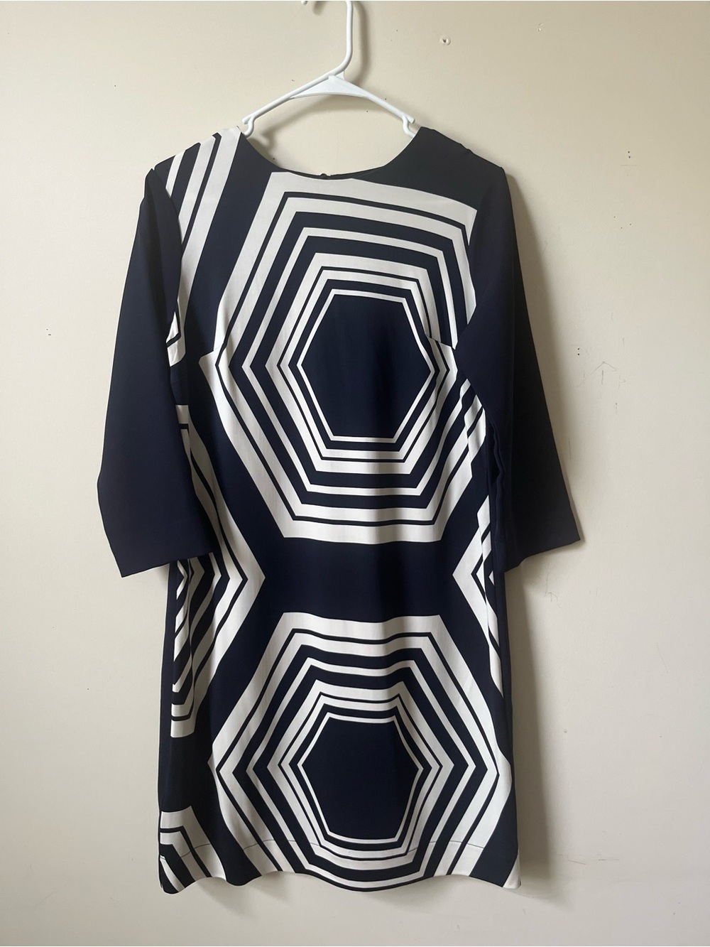 Ann Taylor Navy & White Geometric 3/4 Sleeve Retro Shift Dress